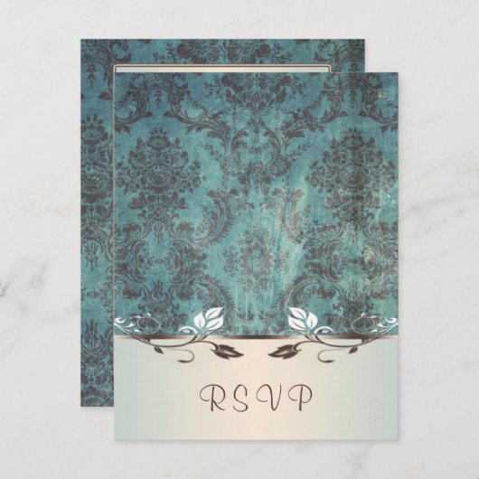 RSVP、青い茶色のダマスク招待状の返信 出欠カード (正面/裏面)