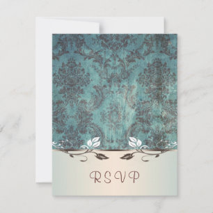 RSVP、青い茶色のダマスク招待状の返信 出欠カード