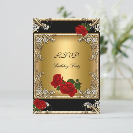 RSVP 50エレガントth誕生日ブラック金ゴールドレッドローズ (スタンド正面)