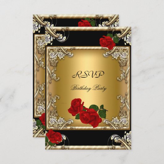 RSVP 50エレガントth誕生日ブラック金ゴールドレッドローズ (正面/裏面)