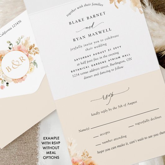 RSVP Aエレガントと桃とクリーム結婚のフローラ オールインワン招待状