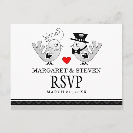 RSVP Black Love's Birds 結婚 Replyはがき インビテーションポストカード (正面)