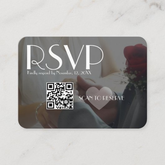  RSVP Black Photo Heart QR Code Wedding エンクロージャーカード (正面)