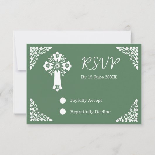 RSVP Card Floral Cross Christening Fern Green (正面)