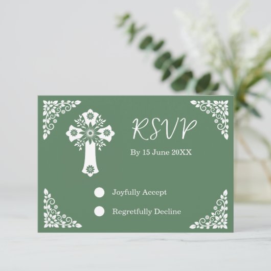 RSVP Card Floral Cross Christening Fern Green (スタンド正面)