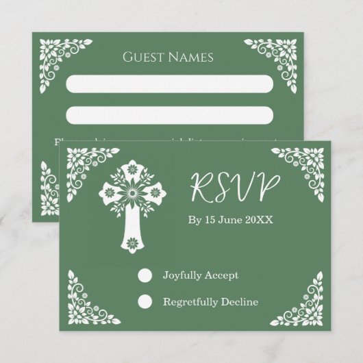 RSVP Card Floral Cross Christening Fern Green (正面/裏面)