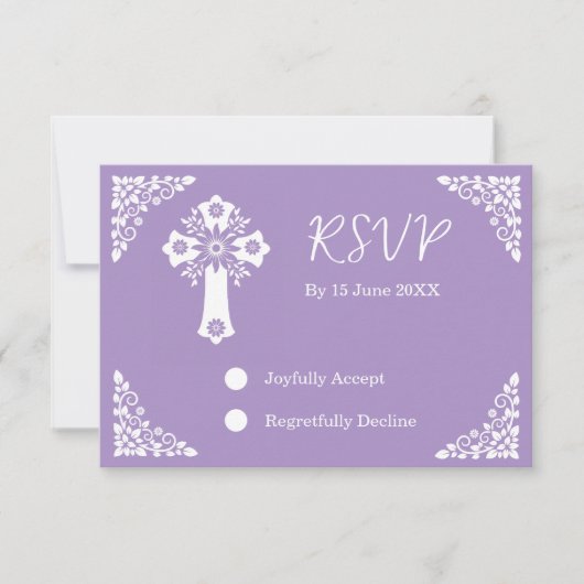 RSVP Card Floral Cross Christening Lilac (正面)