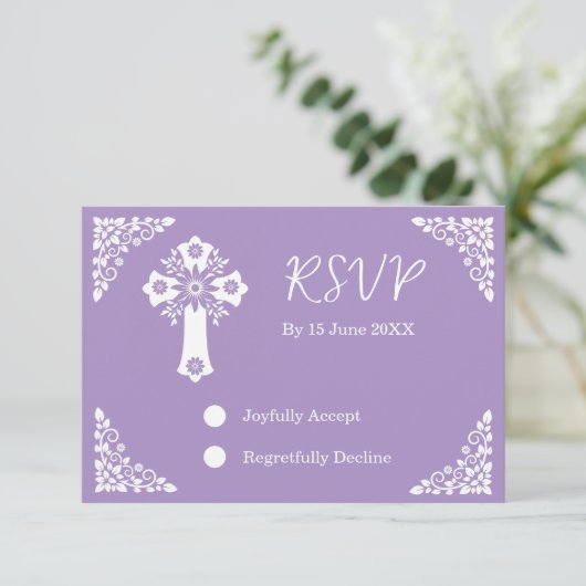 RSVP Card Floral Cross Christening Lilac (スタンド正面)