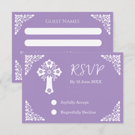 RSVP Card Floral Cross Christening Lilac (正面/裏面)