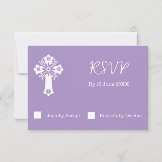 RSVP Card Floral Cross Christening Lilac (正面)