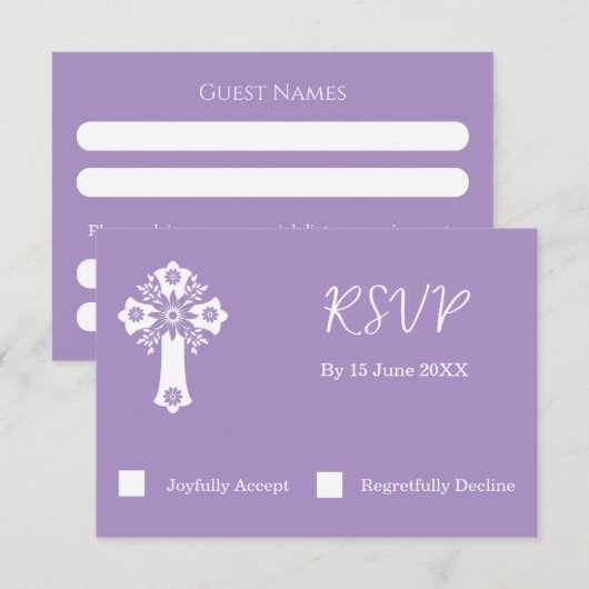 RSVP Card Floral Cross Christening Lilac (正面/裏面)