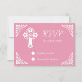 RSVP Card Floral Cross Christening Rose Pink (正面)