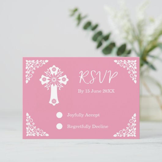 RSVP Card Floral Cross Christening Rose Pink (スタンド正面)