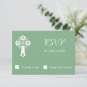 RSVP Card Floral Cross Christening Sage Green (スタンド正面)