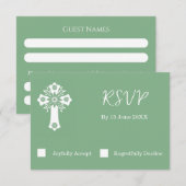 RSVP Card Floral Cross Christening Sage Green (正面/裏面)