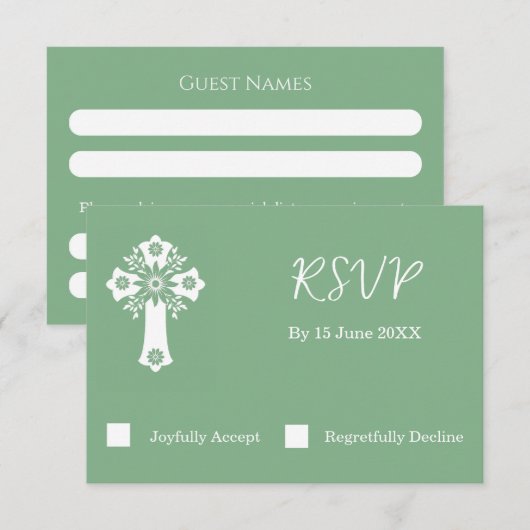 RSVP Card Floral Cross Christening Sage Green (正面/裏面)