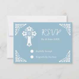 RSVP Card Floral Cross Christening Sky Blue