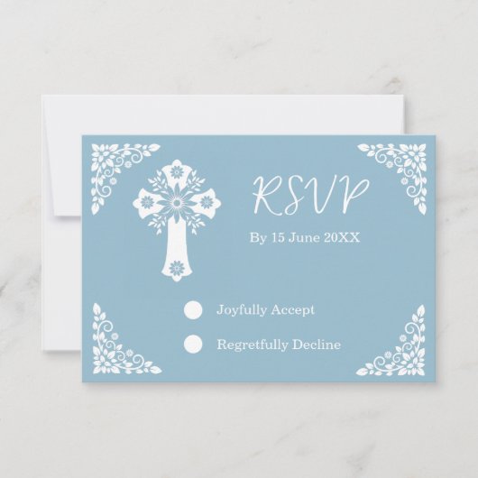 RSVP Card Floral Cross Christening Sky Blue (正面)