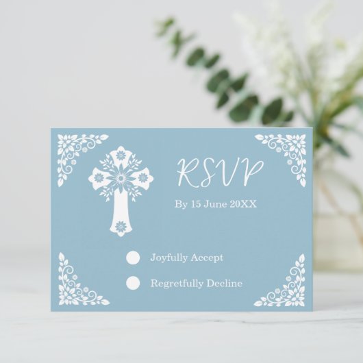 RSVP Card Floral Cross Christening Sky Blue (スタンド正面)