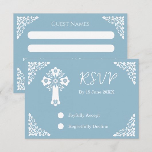 RSVP Card Floral Cross Christening Sky Blue (正面/裏面)