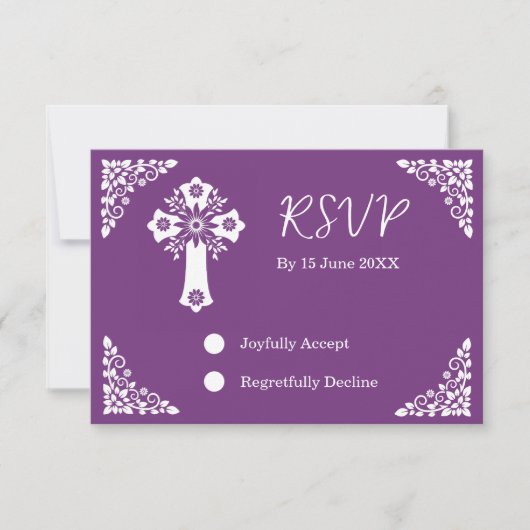 RSVP Card Floral Cross Christening Sweet Plum (正面)