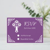 RSVP Card Floral Cross Christening Sweet Plum (スタンド正面)