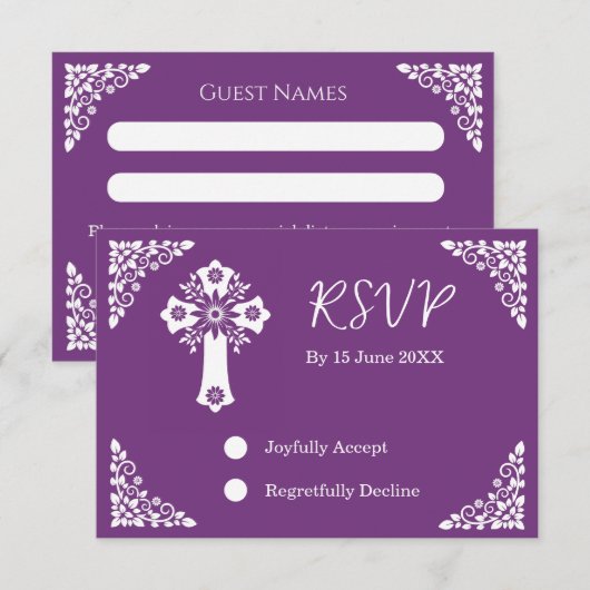 RSVP Card Floral Cross Christening Sweet Plum (正面/裏面)