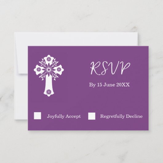 RSVP Card Floral Cross Christening Sweet Plum (正面)