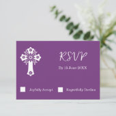 RSVP Card Floral Cross Christening Sweet Plum (スタンド正面)