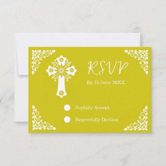RSVP Card Floral Cross Christening Yellow (正面)