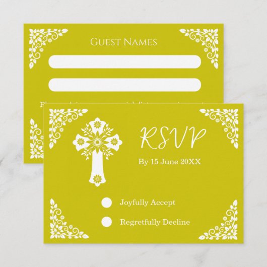 RSVP Card Floral Cross Christening Yellow (正面/裏面)