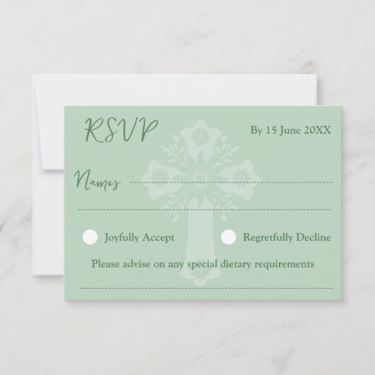 RSVP Card Style 1 Floral Cross Baptism Green (正面)