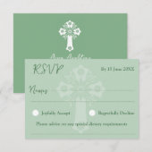 RSVP Card Style 1 Floral Cross Baptism Green (正面/裏面)