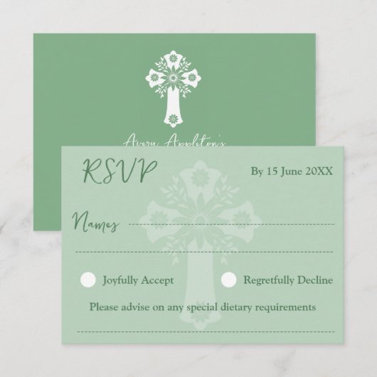 RSVP Card Style 1 Floral Cross Baptism Green (正面/裏面)