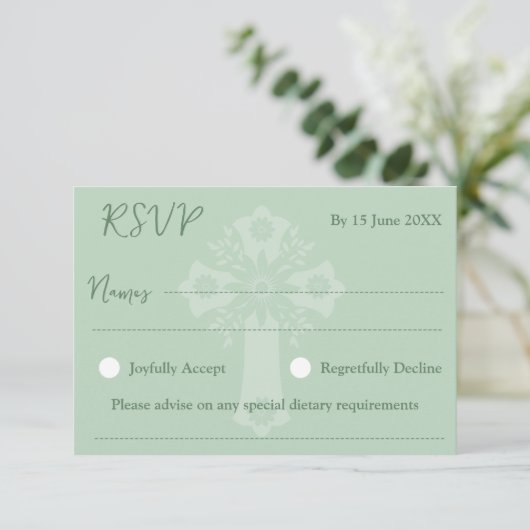 RSVP Card Style 1 Floral Cross Baptism Green (スタンド正面)