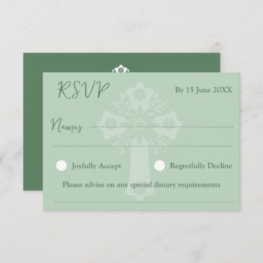 RSVP Card Style 1 Floral Cross Baptism Green (正面/裏面)