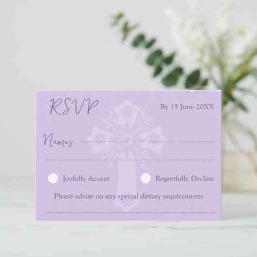 RSVP Card Style 1 Floral Cross Baptism Lilac (スタンド正面)