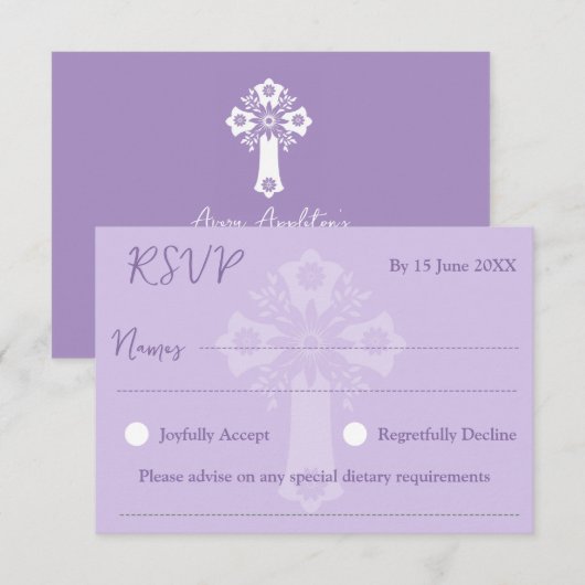 RSVP Card Style 1 Floral Cross Baptism Lilac (正面/裏面)