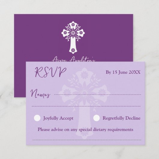 RSVP Card Style 1 Floral Cross Baptism Purple (正面/裏面)