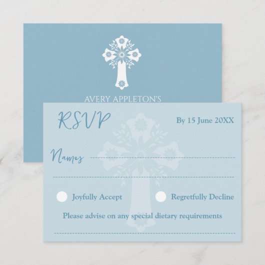 RSVP Card Style 2 Floral Cross Baptism Blue (正面/裏面)