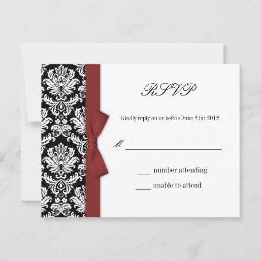 RSVP - Damask Burgundy Bowの応答結婚カード (正面)
