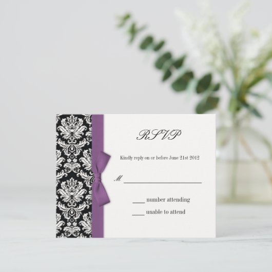 RSVP - Damask Purple Bowの応答結婚カード (スタンド正面)