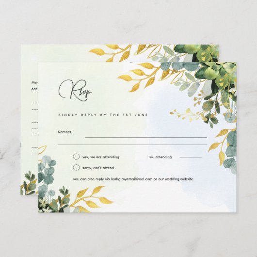 RSVP Eucalyptus結婚 - Water color Greenery Menu ポストカード (正面/裏面)