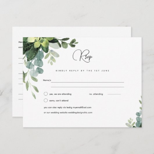 RSVP Eucalyptus結婚 - Water color Greenery Menu ポストカード (正面/裏面)