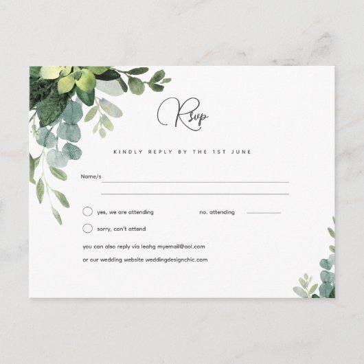 RSVP Eucalyptus結婚 - Water color Greenery Menu ポストカード (正面)
