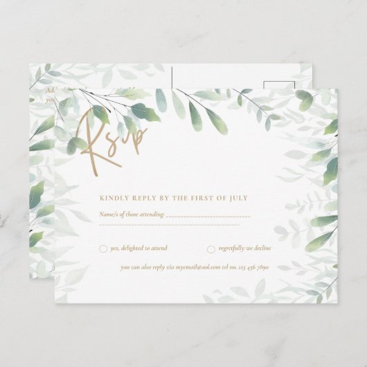 RSVP - Greeneryの葉金ゴールドはがき ポストカード (正面/裏面)