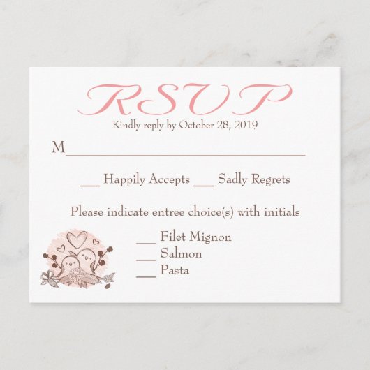 RSVP Lovebirdsピンクと茶色の応答カード インビテーションポストカード (正面)