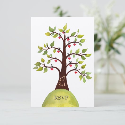 RSVP Monogram Green treeウエディングカード (スタンド正面)