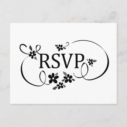 RSVP PostCard – 白黒のファンシーフローラ インビテーションポストカード (正面)