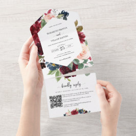 RSVP QRコード結婚付きBurgundy Red Navyフローラ オールインワン招待状